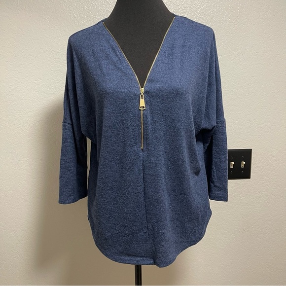 Free Will Dark Blue V-neck Zip Up Quarter Sleeve Sweater LARGE - Picture 1 of 5